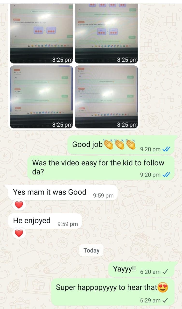 Parent message saying the child enjoyed the video