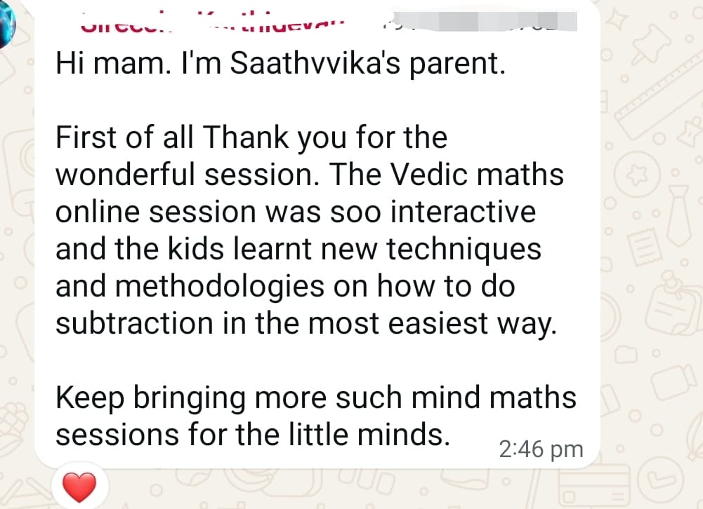 Parent feedback about an interactive Vedic Maths session