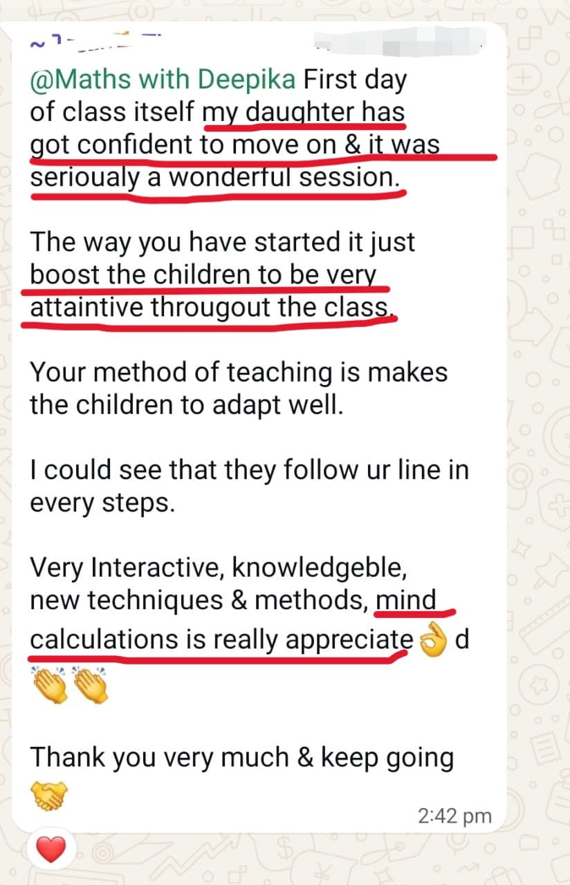 Parent testimonial screenshot for Maths with Deepika
